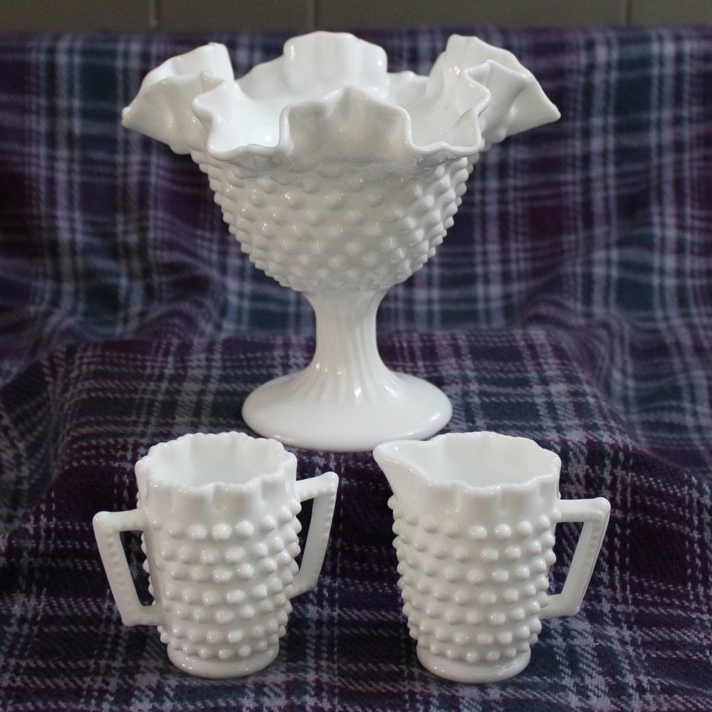 Milk Glass Hobnail Ruffled Compote with Sugar and Creamer